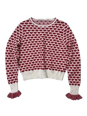 {French Connection} Red White Lips Kisses Hearts Valentine's Day Ruffle Sweater